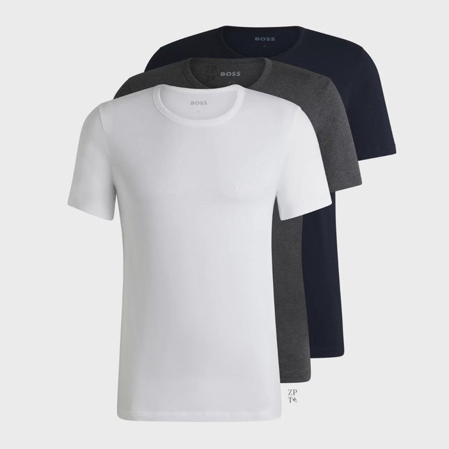 Boss 3 Pack Cotton T-Shirts Grey/White/Navy Blue